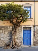 ai generado pequeño antiguo Roca casa con azul puerta y grande árbol en Génova foto