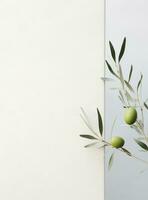 AI generated olive green plant in front of white wall, photo