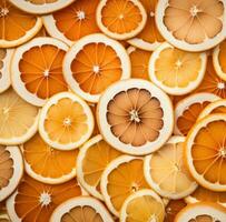 AI generated cut up pieces of orange on a white mat, back button focus, light yellow and white, focus stacking photo