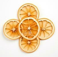 AI generated cut up pieces of orange on a white mat, back button focus, light yellow and white, focus stacking photo