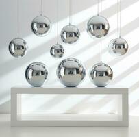 AI generated shiny disco balls and shadows on white surface photo