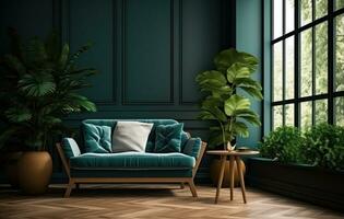 AI generated green sofa, chair and plants in a room with an open window photo