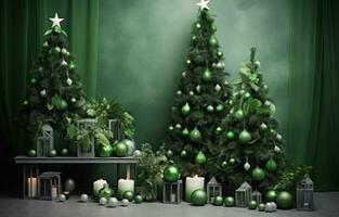 ai generado fiesta habitación con verde decoraciones verde Navidad árbol foto