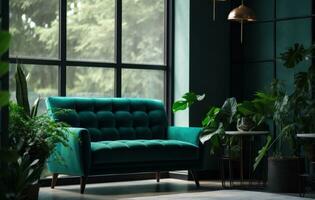 AI generated green sofa, chair and plants in a room with an open window photo