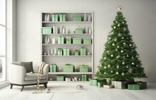 AI generated holiday room with green decorations green christmas tree photo