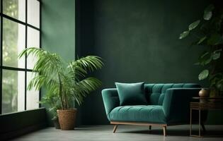 AI generated green sofa, chair and plants in a room with an open window photo