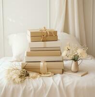 AI generated four gift boxes and crates on a bed with flowers and ornaments, photo