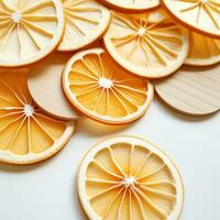 AI generated cut up pieces of orange on a white mat, back button focus, light yellow and white, focus stacking photo