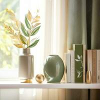 AI generated green ceramic vase with green leaves in front of bookshelf, photo