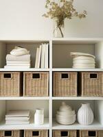 AI generated clean white shelf with wicker baskets and boxes photo