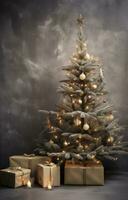 ai generado Navidad árbol decorado con regalos y madera foto