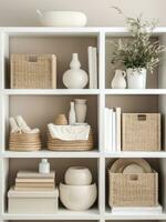 AI generated clean white shelf with wicker baskets and boxes photo