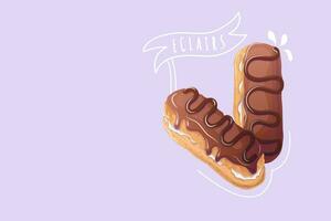 Eclairs in cartoon style on purple background. Doodle. Vector illustration for poster, banner, website, advertisement. Vector illustration with colorful sweet dessert.