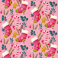 Christmas stocking seamless pattern with decoration on pink background. Cute festive winter holiday illustration. Bright colorful pink and blue repeat design. photo