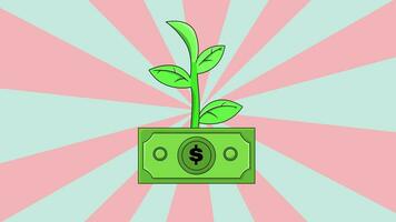 Animation of money and tree icons with a background video