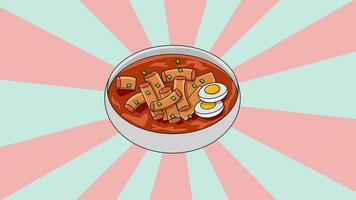 Animation von das typisch Koreanisch Essen tteokbokki Symbol mit ein rotierend Hintergrund video