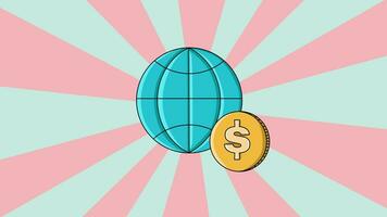 Animation of a globe icon and dollar bills with a rotating background video