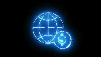 geanimeerd wereldbol en dollar Bill pictogrammen met een gloeiend neon effect video