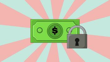 Animation of a dollar bill and padlock icon with a background video
