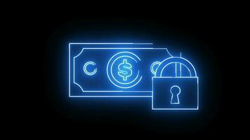 animação do uma dólar conta e cadeado ícone com uma brilhando néon efeito video