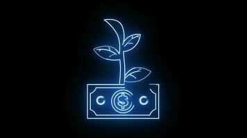 Animated icons of dollar bills and trees, financial growth with a glowing neon effect video