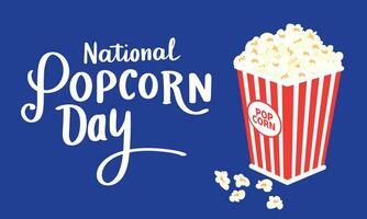 Banner National Popcorn Day. Handwriting text and red bucket with popcorn. Hand drawn vector art.