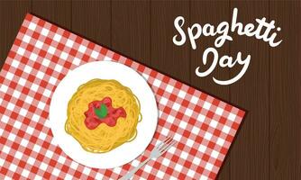 Spaghetti Day banner. Handwriting text banner with plane of spaghetti, fork and red tablecloth. Hand drawn vector art.