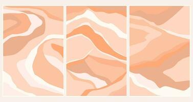 A set of vertical abstract posters with silhouettes of uneven lines in trendy delicate peach colors. Vector graphics.