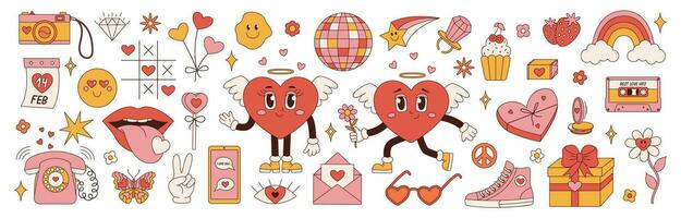 Retro groovy big set for Valentines Day. Hippie love sticker, funny characters in shape of heart, trend 60s 70s. Vector cartoon illustration