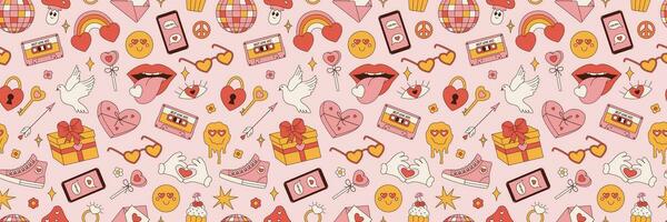 Valentines Day Groovy seamless pattern. Retro hippie psychedelic style vector wallpaper in 60s, 70s. Vector cartoon background