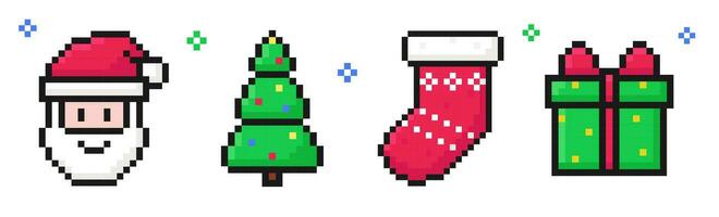 christmas pixel art set of icons, vintage, 8 bit, 80s, 90s games, computer arcade game items, santa, tree, gift, sock, vector illustration