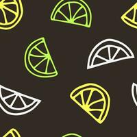 Simple summer seamless vector pattern. Hand-drawn outline of yellow, green, white lime lemon slices on a dark brown background. For prints of fabric, wrapping paper, wallpaper, textile products.