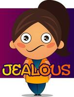 Girl with brown ponytail is jealous, illustration, vector on white background.