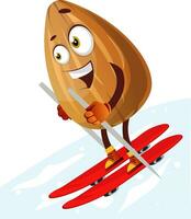 Happy almond skiing on red skis, illustration, vector on white background.