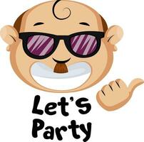 Funny human emoji with let's party sign, illustration, vector on white background.