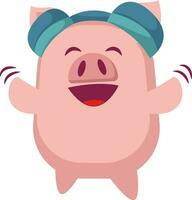 Piggy is listening music on headphones, illustration, vector on white background.