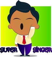 Boy in a suit with black curly hair is super singer, illustration, vector on white background.