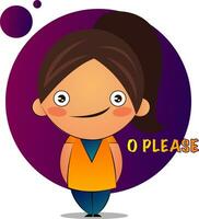 Girl with brown ponytail says o please, illustration, vector on white background.