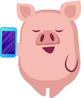 Piggy is holding a mobile phone, illustration, vector on white background.