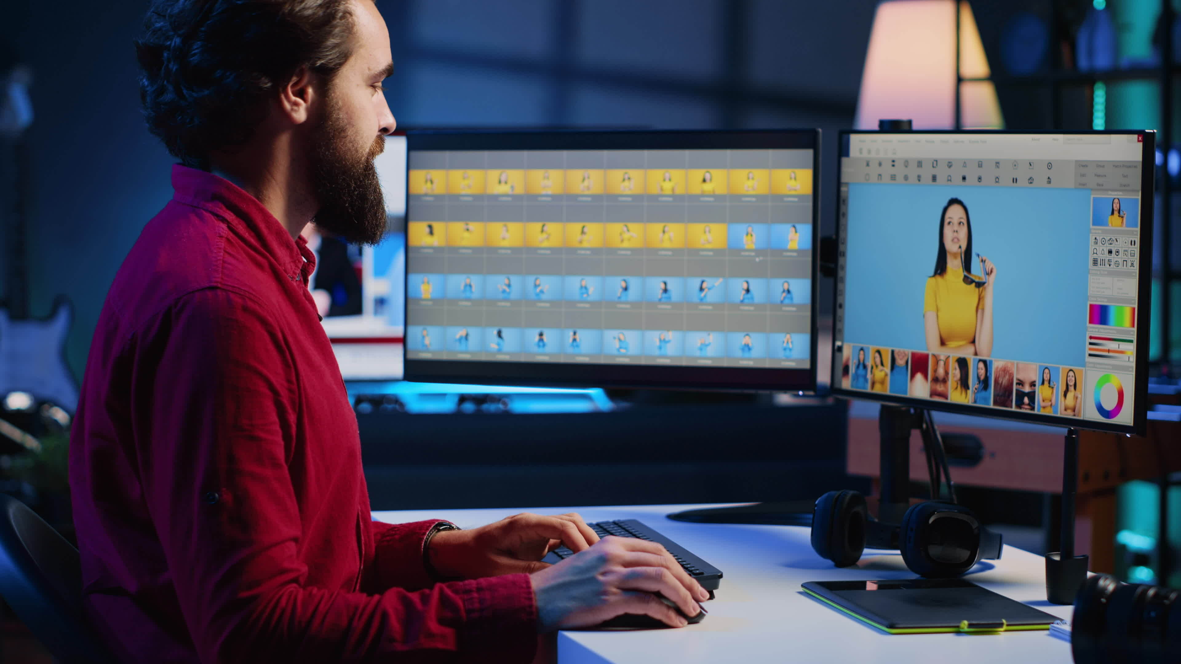 Happy photo editor retouching photographs with editing software on