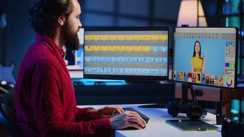 contento foto editor retocar fotografias con edición software en escritorio computadora, zoom en a encontrar lugares ese necesitar de corrección. enfocado fotógrafo en creativo lugar de trabajo ajustando imágenes video