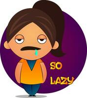 Lazy girl with brown ponytail and purple background, illustration, vector on white background.