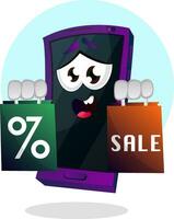 Mobile emoji holding a sale sign illustration vector on white background