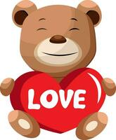 Brown bear holding heart that says love illustration vector on white background