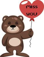 Brown teddy bear holding heart shaped balloon saying Miss you vector illustration on a white background