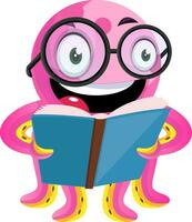 Happy geek octopus reading a book illustration vector on white background