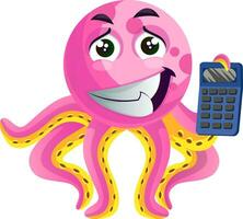 Pink octopus with a calculator illustration vector on white background