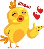 Cute yellow chicken sending hearts and saying Kisses vector illustration on a white background
