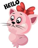 Baby pink kitty with red bow saying Hello vector illustration on a white background