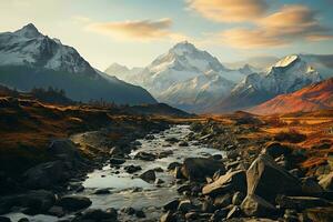 AI generated a mountain range with a river flowing through it. The mountains are covered in snow and the sky is a beautiful orange color. photo